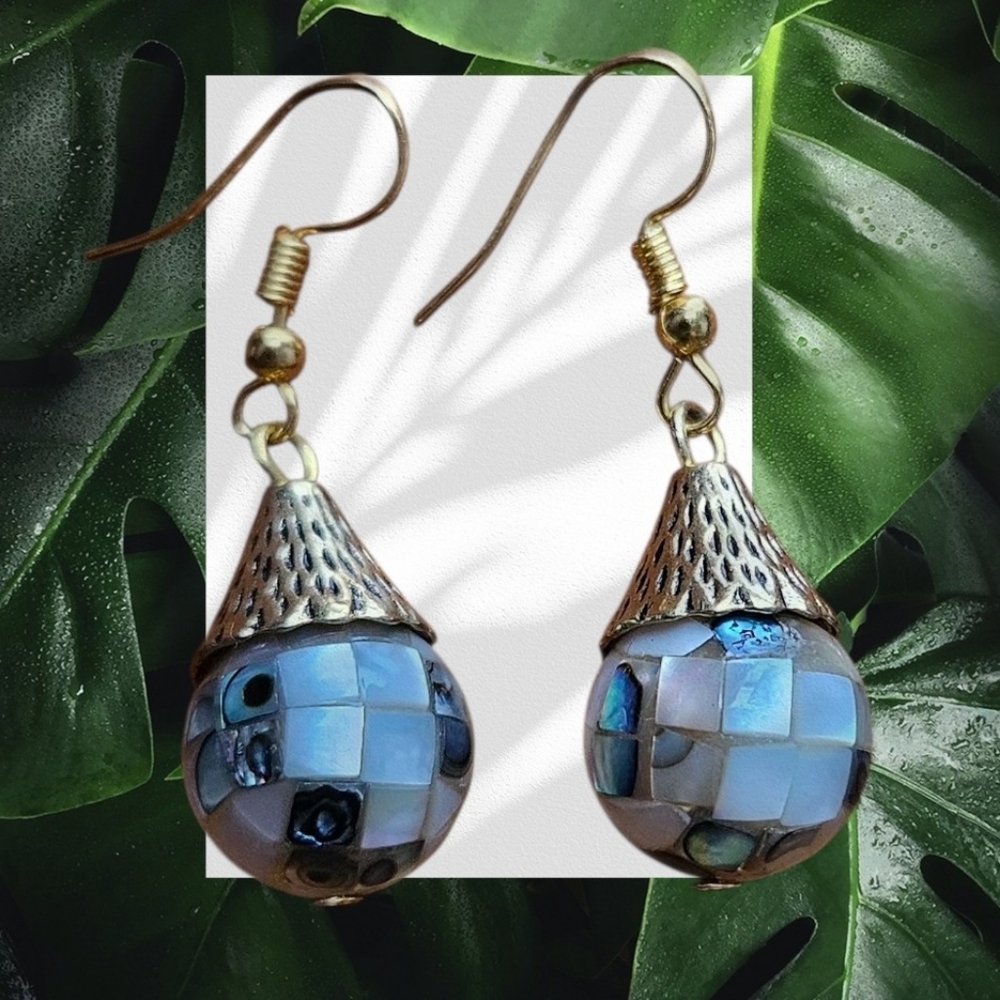 Mosaic Mother of Pearl Dangle Earrings. Last Pic Color is more accurate.